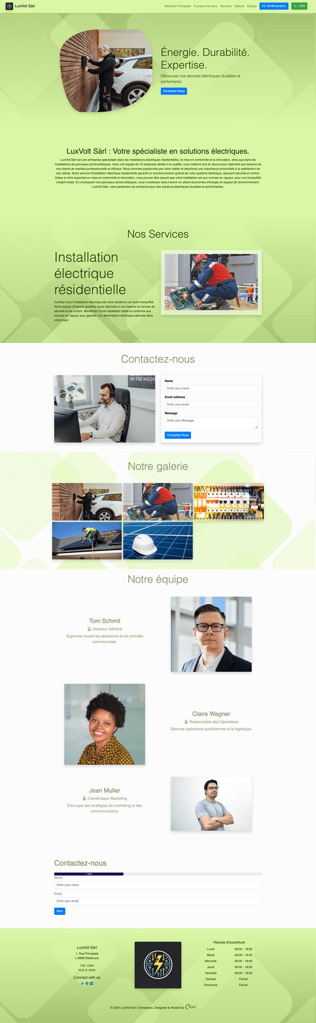 Le site de LuxVolt Sàrl met en avant l'expertise de l'entreprise dans les solutions électriques résidentielles et durables. Grâce à un design moderne et épuré, il présente clairement les services offerts, notamment l'installation de systèmes électriques et la gestion de projets solaires. La présentation visuelle dynamique et la navigation fluide permettent aux clients de découvrir rapidement les services spécialisés de LuxVolt. Le site encourage la prise de contact via un formulaire simple et accessible, tout en illustrant l'importance de l'énergie durable et des installations électriques sécurisées.