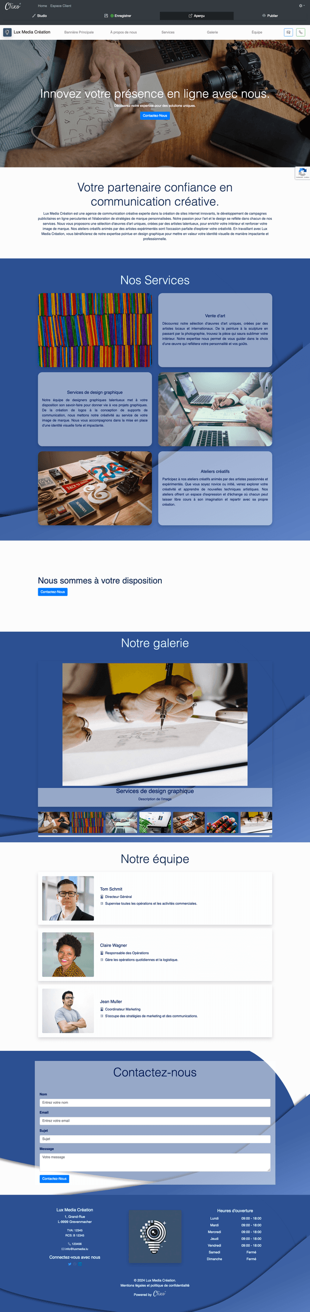 Le site de Lux Media Création met en lumière l'expertise de l'agence dans la communication créative à travers un design moderne et fluide. L'agencement des services, comme la création de contenu, le design graphique et les ateliers créatifs, est pensé pour une navigation intuitive, permettant aux visiteurs de découvrir rapidement l'étendue des prestations proposées. Le style visuel dynamique, soutenu par une galerie d'images de projets réalisés, reflète parfaitement l'innovation et la créativité de l'agence. Ce site invite les entreprises à explorer des solutions sur mesure pour renforcer leur présence en ligne.