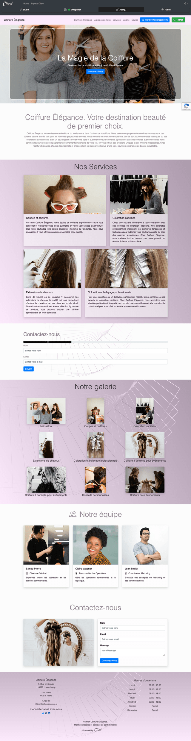 Le site de Coiffure Élégance reflète parfaitement l’ambiance chaleureuse et professionnelle de ce salon de coiffure de premier choix. Avec une présentation soignée et des services détaillés comme les coupes, les colorations et les extensions, le site guide les visiteurs dans une découverte claire et agréable des offres. Les visuels invitent à une expérience personnalisée, tout en mettant en avant l'engagement de l'équipe à fournir des prestations de qualité. Le site encourage la prise de contact avec un accès facile aux informations et un formulaire intuitif.