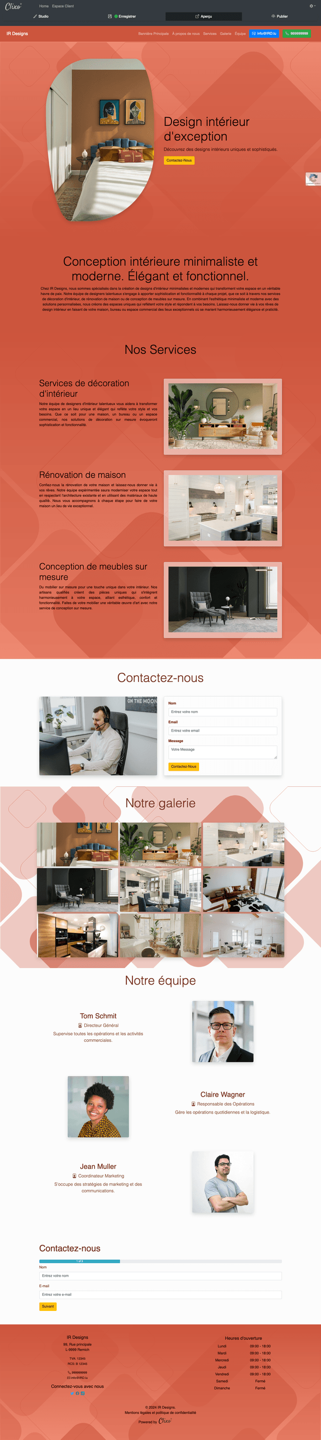 Le site de IR Designs met en valeur le talent et la créativité de l'entreprise dans le domaine du design intérieur. Avec un design moderne et minimaliste, le site présente des services tels que la décoration d'intérieur, la rénovation de maison et la conception de meubles sur mesure. La navigation est simple et fluide, offrant aux visiteurs une vue d'ensemble des projets réalisés et des prestations disponibles. L'agencement visuel élégant et fonctionnel reflète l'expertise de l'entreprise en matière de design sur mesure et d'aménagement intérieur, tout en facilitant la prise de contact grâce à un formulaire accessible.