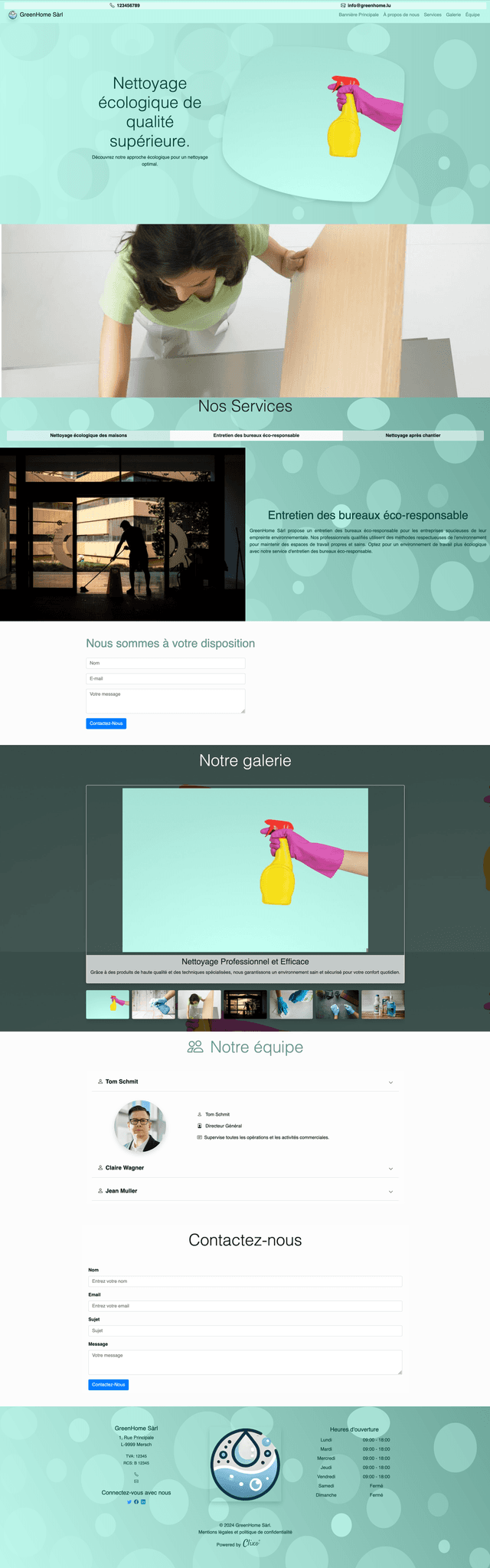 Le site de GreenHome Sàrl met en avant son engagement écologique avec un design frais et moderne, utilisant des couleurs douces qui reflètent la durabilité et le respect de l'environnement. La présentation claire des services, allant du nettoyage écologique des maisons à l'entretien des bureaux, renforce l'idée d'une approche professionnelle et responsable. Le contenu est bien structuré, avec un accès facile aux informations, un formulaire de contact intuitif, et une galerie qui met en valeur leur travail. L'ensemble du site inspire confiance et démontre l'expertise de l'entreprise dans le domaine du nettoyage écologique.