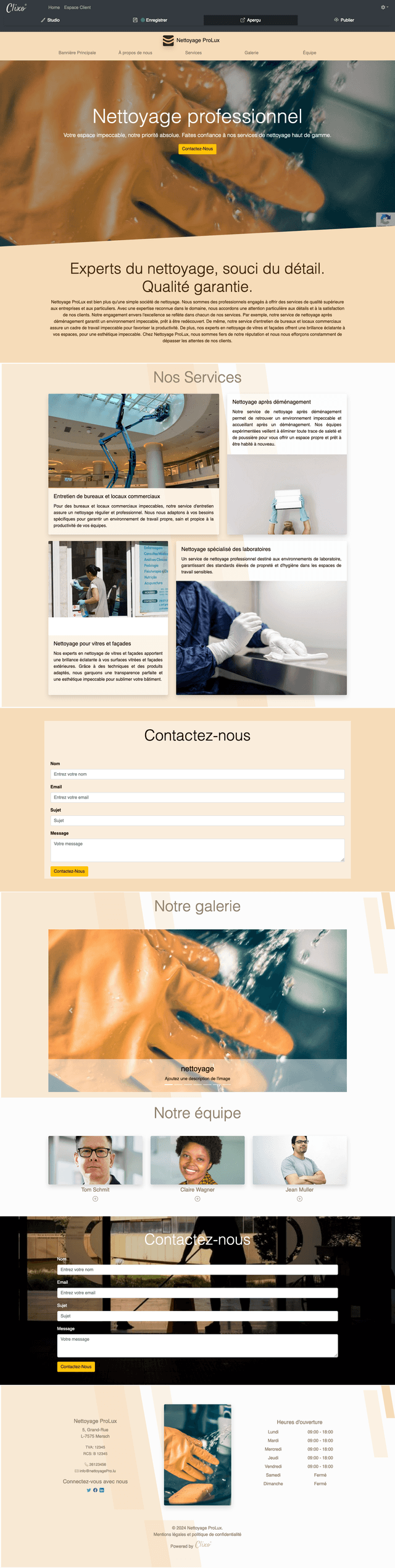 Le site de Nettoyage ProLux reflète l'engagement de l'entreprise à offrir des services de nettoyage haut de gamme avec un design moderne et efficace. Les couleurs sobres et la mise en page structurée mettent en avant le professionnalisme et l'attention aux détails, essentiels à cette industrie. Chaque service, du nettoyage après déménagement à l'entretien des bureaux, est clairement présenté pour répondre aux besoins variés des clients. Le site inspire confiance et facilite la prise de contact grâce à un formulaire accessible et un design épuré.