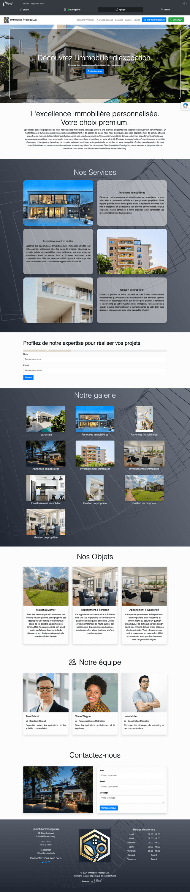 Le site de Immobilier PrestigeLux offre une expérience élégante et moderne, reflétant le caractère premium des services immobiliers proposés. L'interface épurée et les visuels de haute qualité mettent en valeur l'expertise de l'entreprise dans les domaines de l'investissement, de la gestion de propriété, et de la création de projets immobiliers. Chaque section est soigneusement structurée pour guider les visiteurs à travers les services, les objets disponibles et les réalisations. Le design inspire confiance et sérénité, tout en facilitant la prise de contact avec un formulaire accessible et un contenu bien agencé.