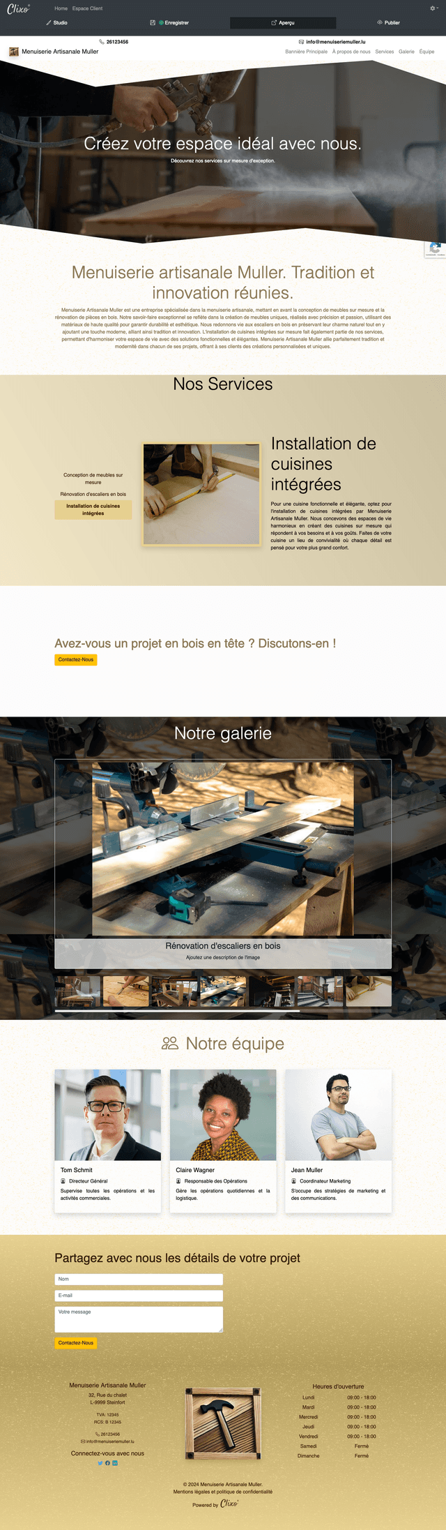 Le site de Menuiserie Artisanale Muller reflète l'expertise et l'engagement de l'entreprise dans l'art de la menuiserie sur mesure. Le design sobre et élégant met en valeur les services de conception de meubles, de rénovation d'escaliers et d'installation de cuisines intégrées. Chaque section est organisée de manière claire, permettant aux clients de naviguer facilement et de découvrir les différentes prestations offertes. Le site inspire confiance, alliant tradition et innovation, tout en facilitant la prise de contact grâce à un formulaire simple et accessible.