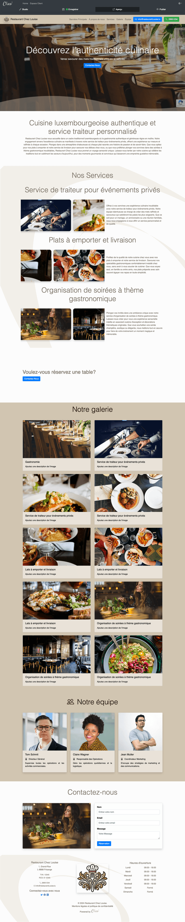 Le site de Restaurant Chez Louise capture l'essence de la cuisine luxembourgeoise authentique à travers un design raffiné et accueillant. Les services de traiteur et d'organisation de soirées gastronomiques sont mis en avant, offrant aux clients des solutions personnalisées pour leurs événements. L'interface est claire, avec une navigation intuitive permettant aux visiteurs de découvrir facilement les différentes offres du restaurant, que ce soit la livraison de plats ou l'organisation d'événements privés. Le site inspire confiance et reflète l'engagement du restaurant à offrir une expérience culinaire unique et mémorable.